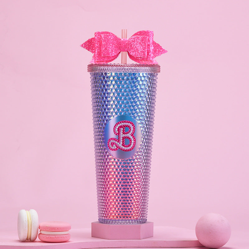 Wholesale Double-layer Plastic 710ml Large Capacity Straw Cup with Glitter Bow Tie Hand Cup Durian Cup