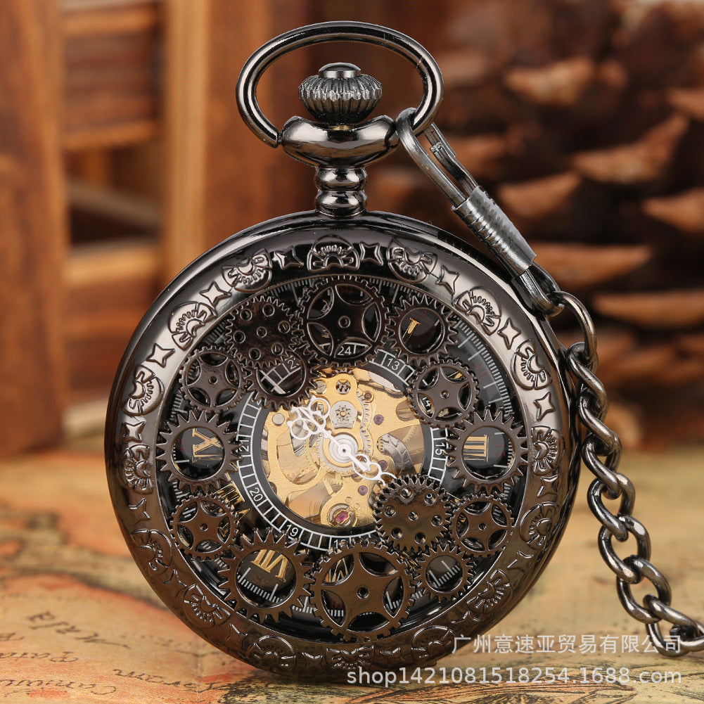 Wholesale New Retro Flip Hollow Necklace Pocket Watch Red Bronze Hollow Gear Roman Face Men's and Women's Mechanical Pocket Watch