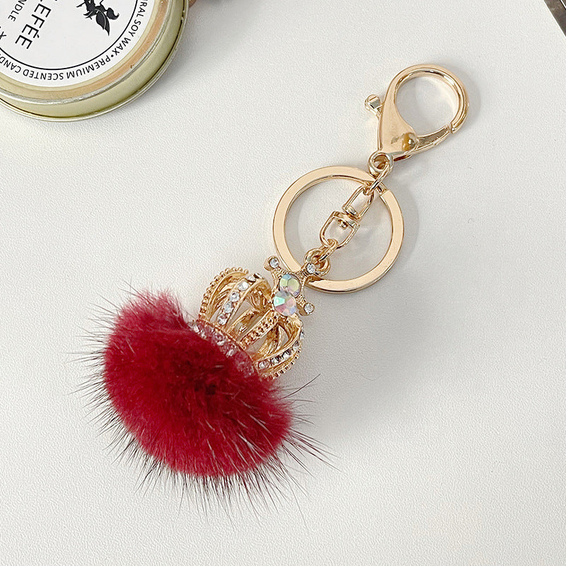 Wholesale Diamond Studded Mink Fur Ball Crown Keychain