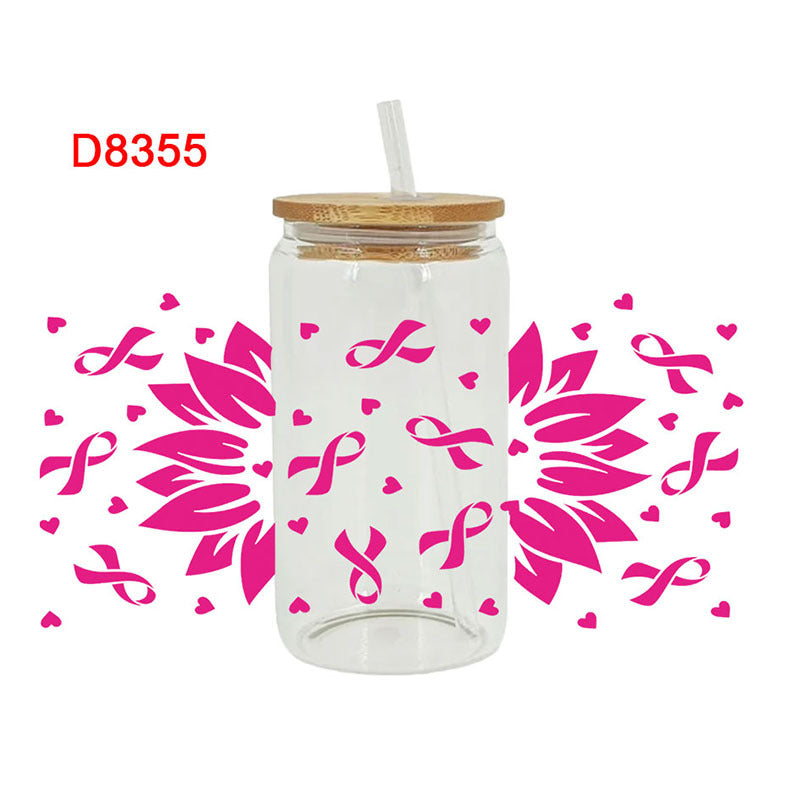 Wholesale Pink Cartoon Cute Anti-Cancer Theme 16oz Cup UV DTF Wraps