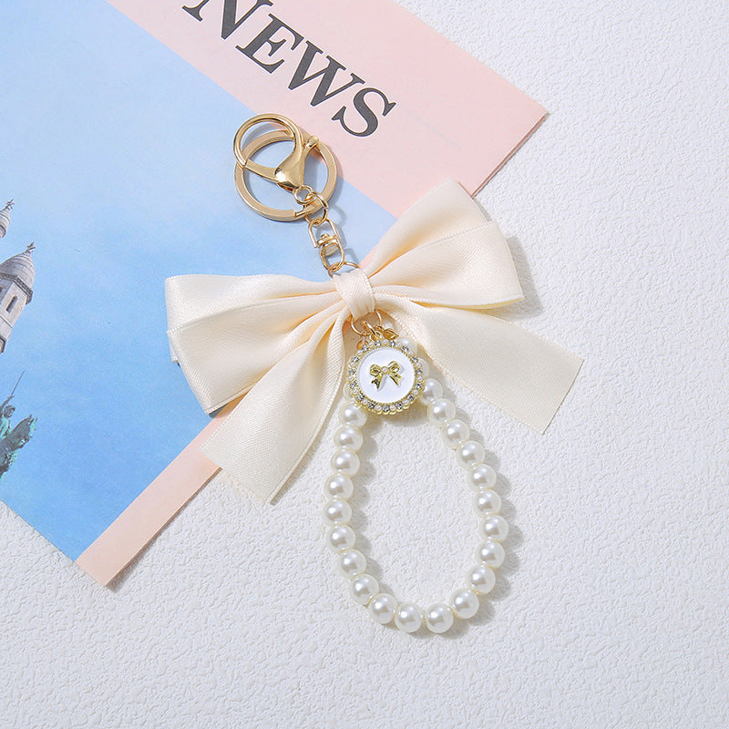Wholesale New Large Pearl Bow Keychain Pendant Handmade Hair Accessories Ribbon Cloth Knot Accessories Headset Bag Decoration