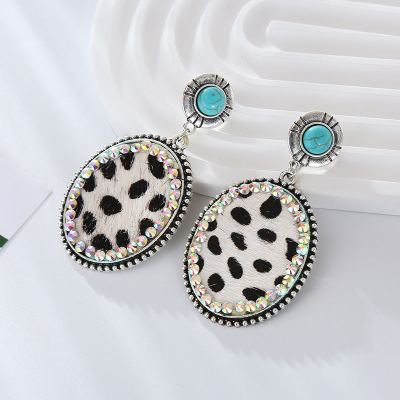Wholesale Leopard Print Leather Alloy Diamond Turquoise Vintage Earrings