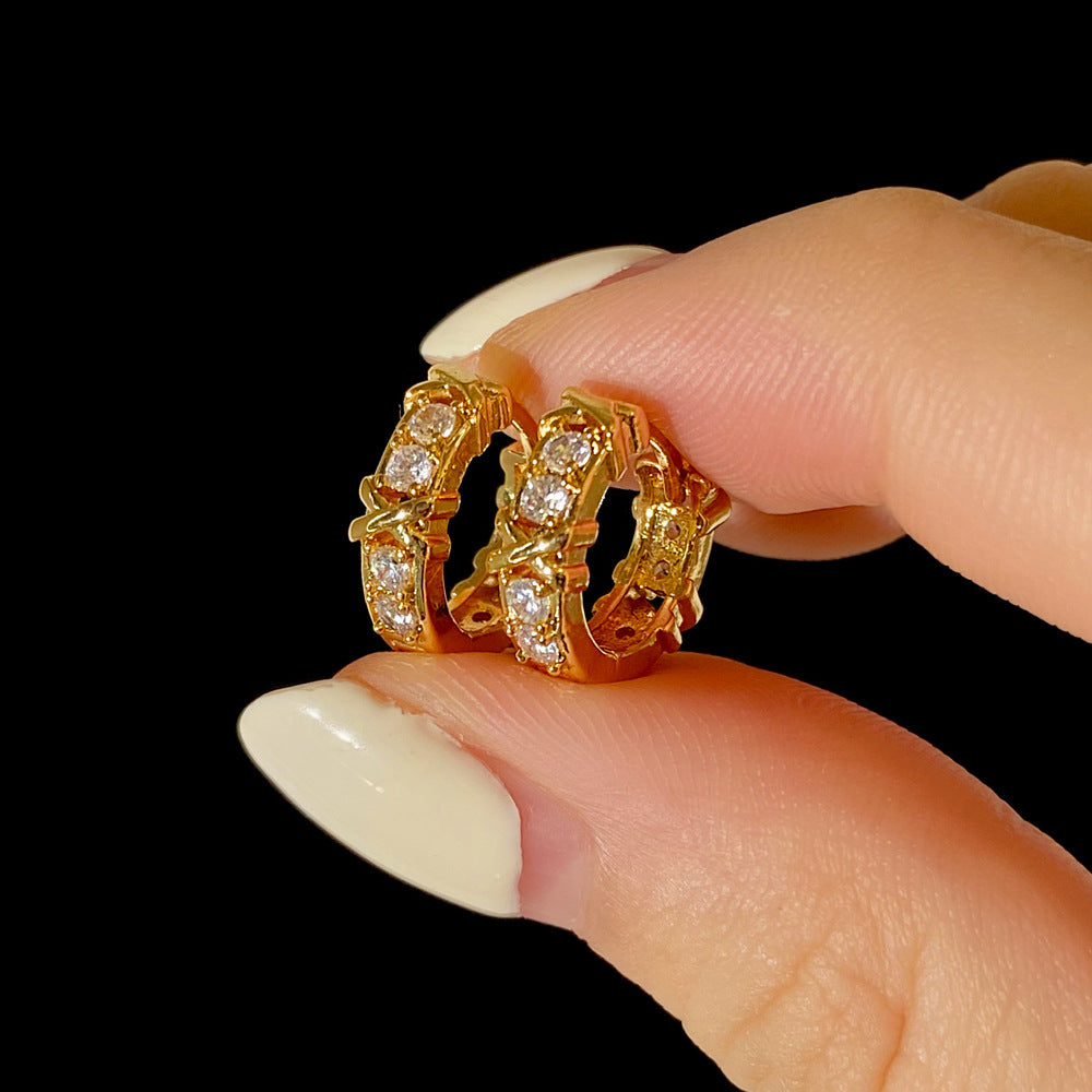 Wholesale Diamond-studded Design, Versatile and Simple Copper-plated Real Gold Earrings