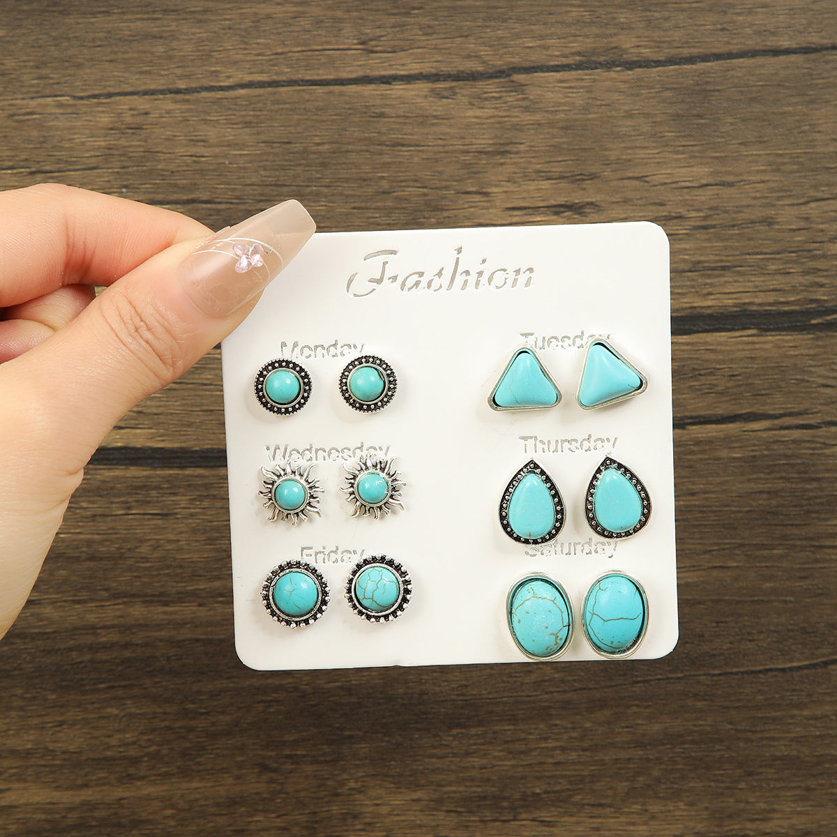 Wholesale 6 Pair Retro Turquoise Geometric Stud Earrings Ethnic Style Zinc Alloy Jewelry Set For Women