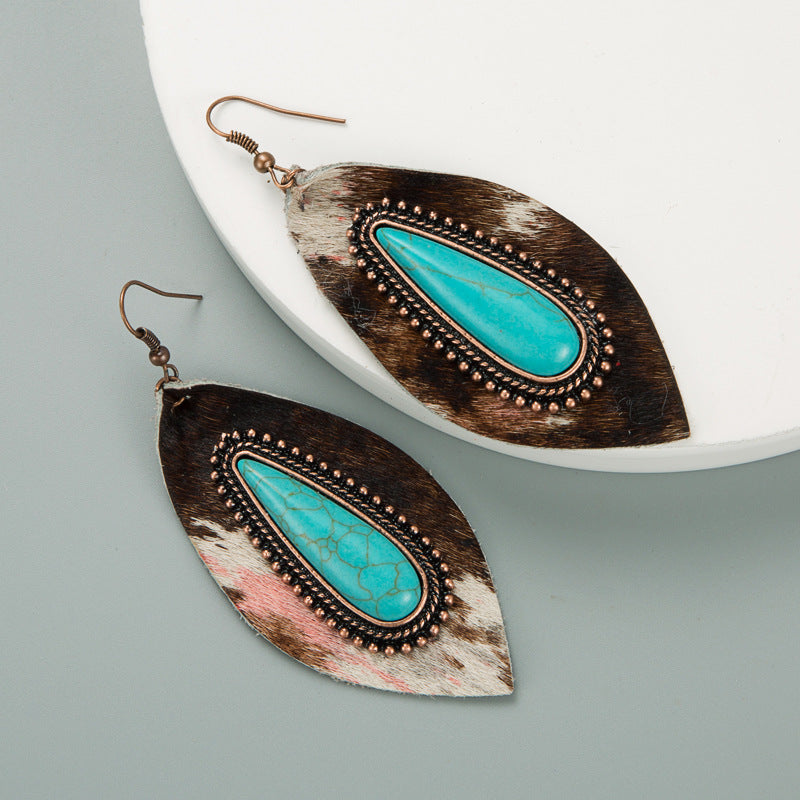 Wholesale Leopard Print Leather Large Green Pine Earrings Alloy Set