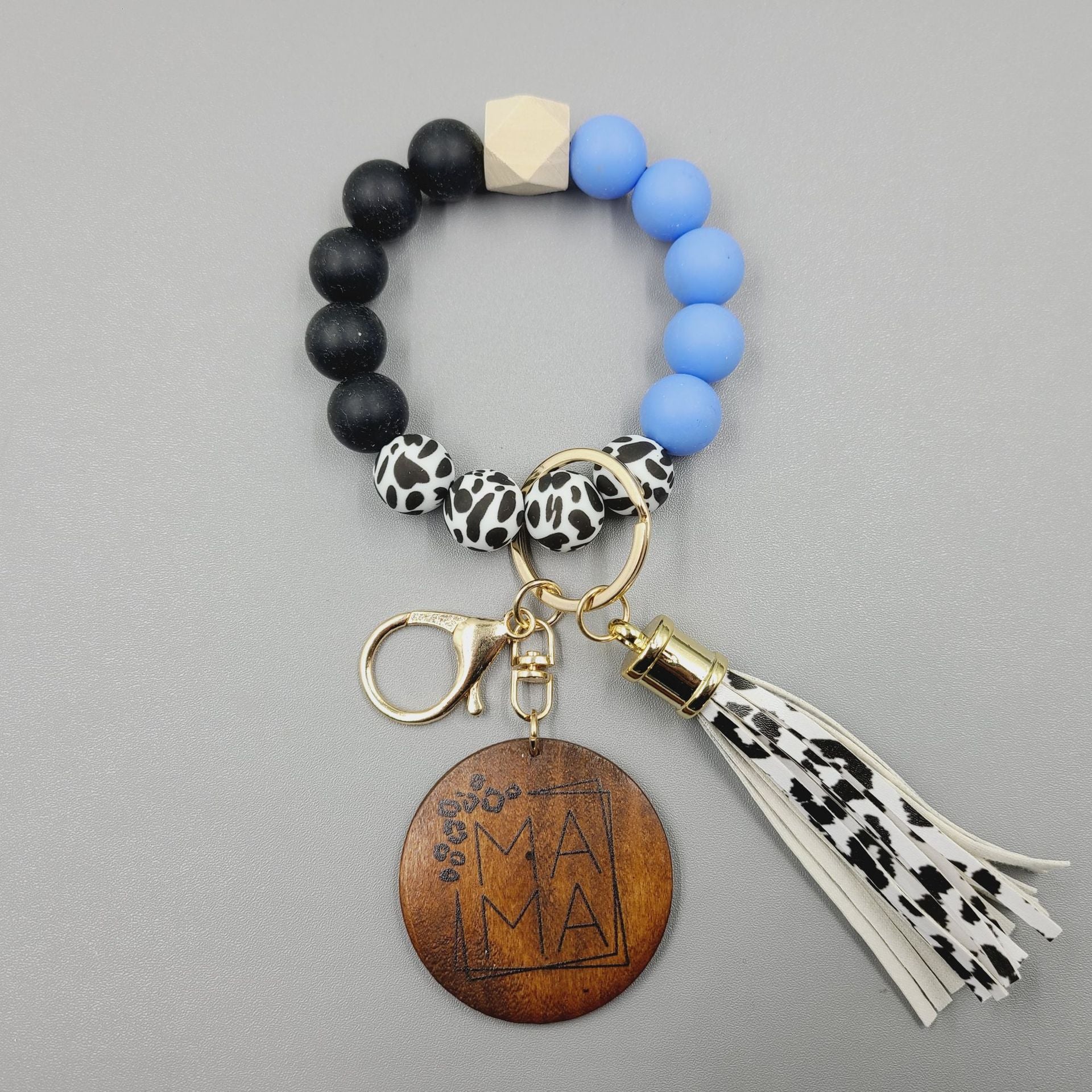 Wholesale MAMA Wooden Sign Pendant Cow Pattern Silicone Beads Bracelet Keychain