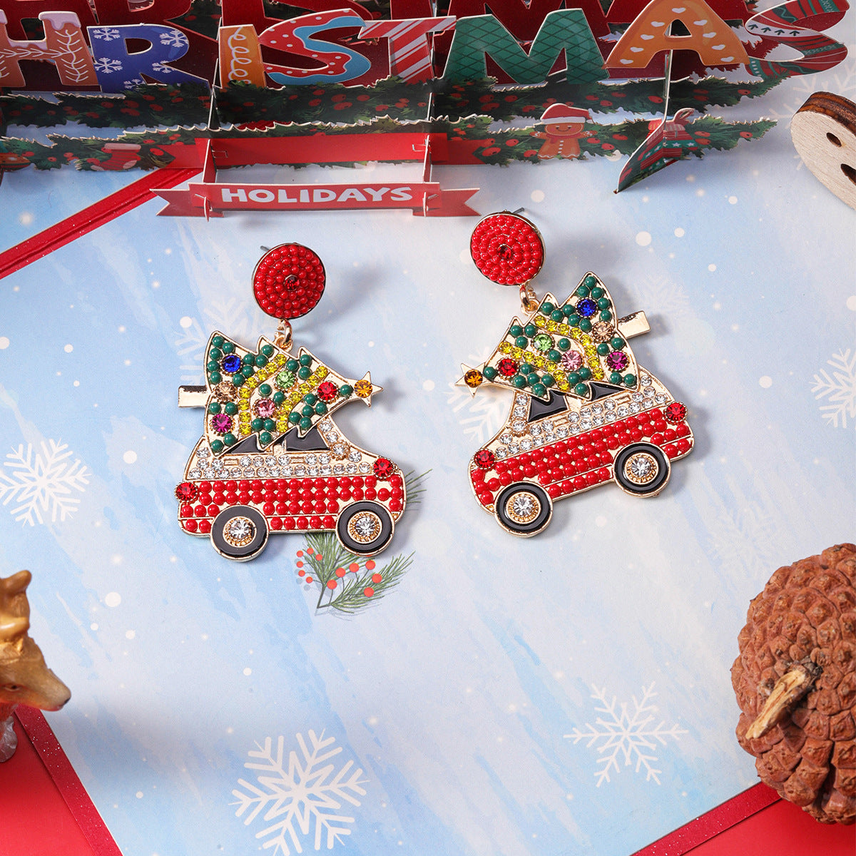 Wholesale Christmas Rice Ball Bow Knot Crutches Guard Christmas Tree Alloy Diamond Earrings