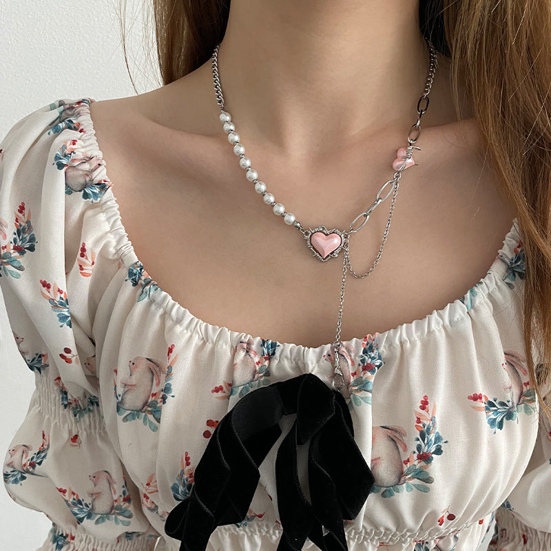 Wholesale Thorns Pink Love Heart Pearl Necklaces