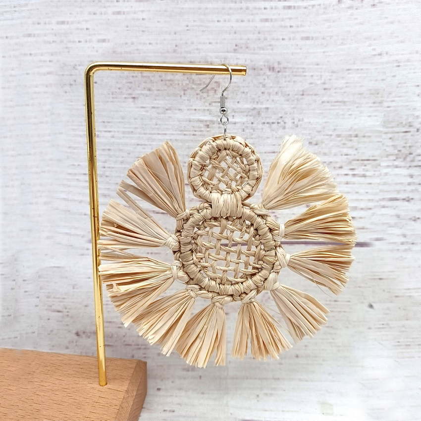 Wholesale Raffia Handwoven Round Tassel Pendant Alloy Earrings