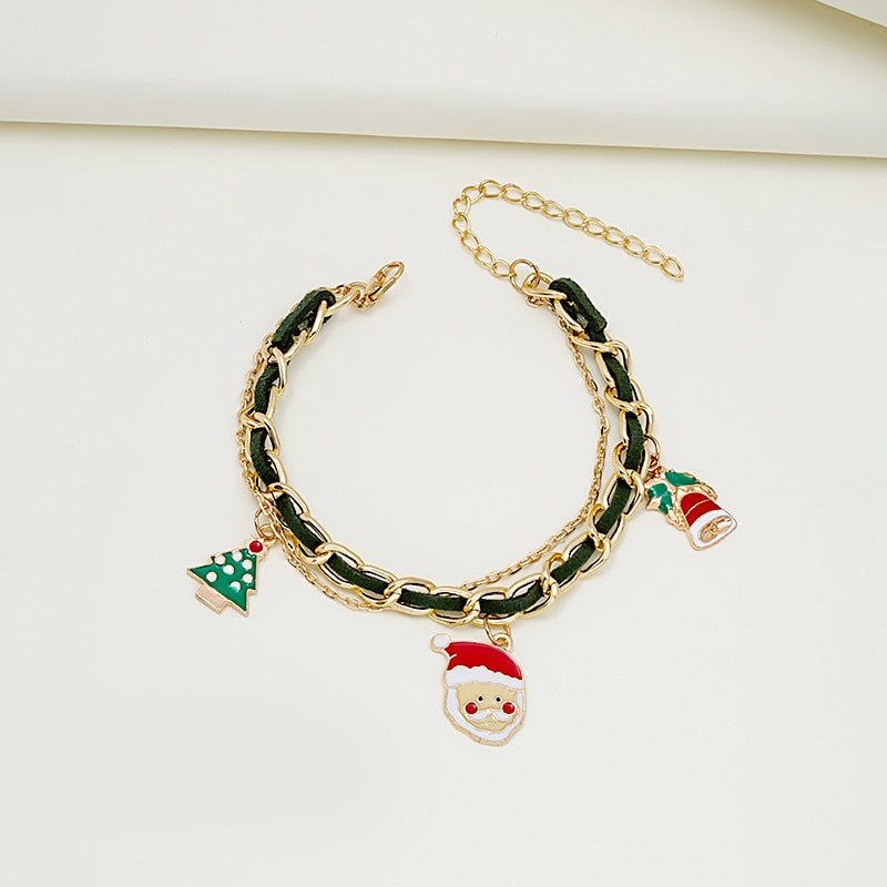 Wholesale Christmas Oil Drop Christmas Tree Snowman Cane Pendant Multi-layer Chain Bracelet