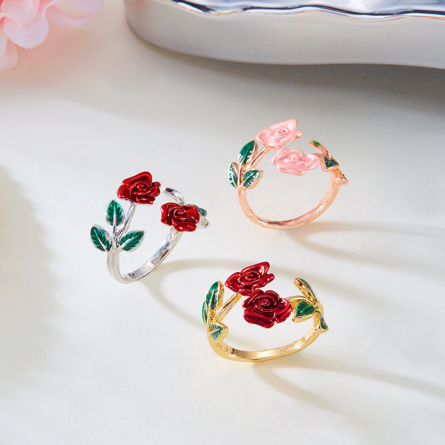 Wholesale Alloy Oil Drop Rose Open Bracelet Ring Set
