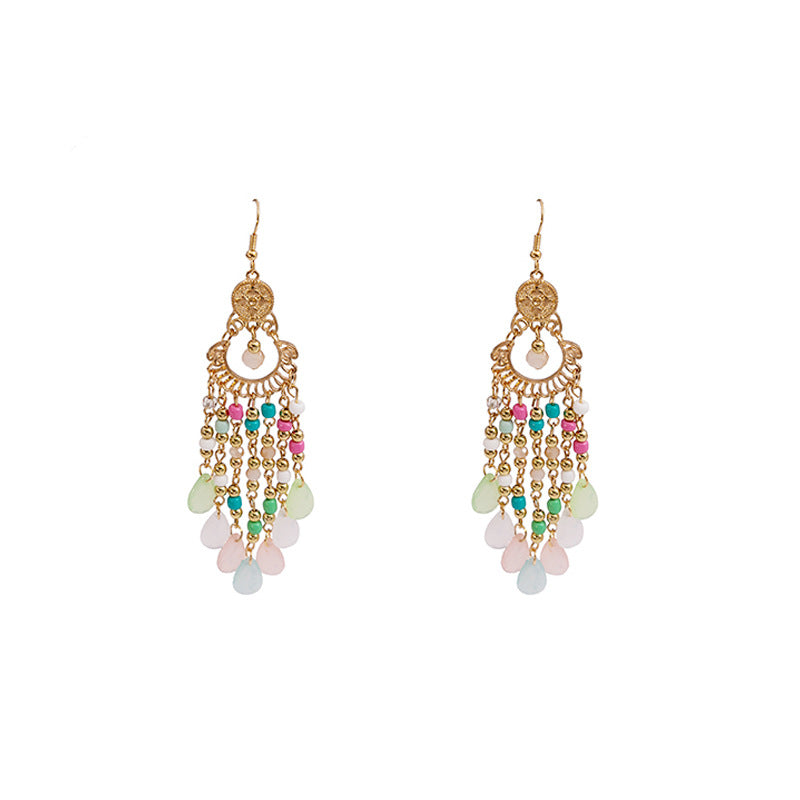 Wholesale Rice Beads Colorful Water Drop Tassel Hollow Out Earrings