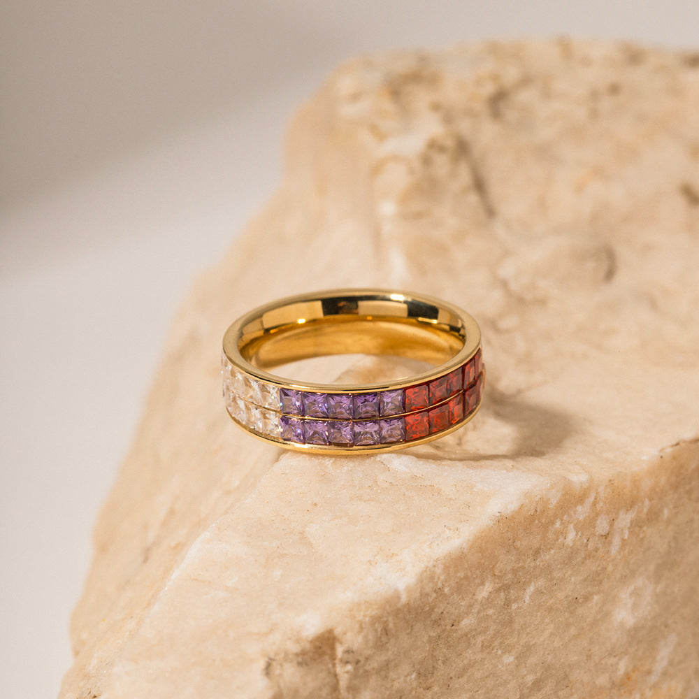 Wholesale Stainless Steel Double Layer Colorful Square Inlaid Zirconium Ring