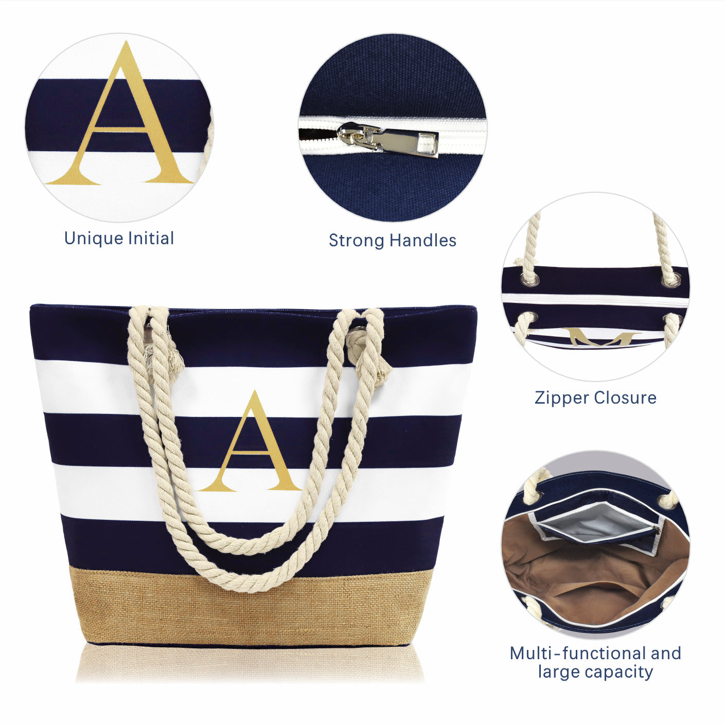 Wholesale Letter Canvas Striped Beach Handbag Zipper Multi-pocket Tote Bag