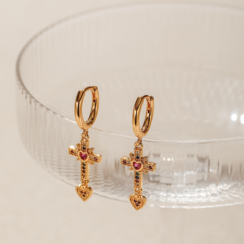 Wholesale Cross Real Gold Plating Inlaid Colored Zircon Love Earrings