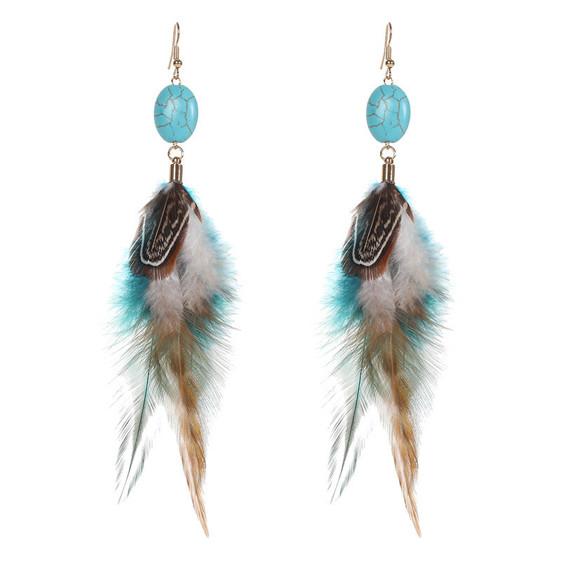 Wholesale Turquoise long feather earrings