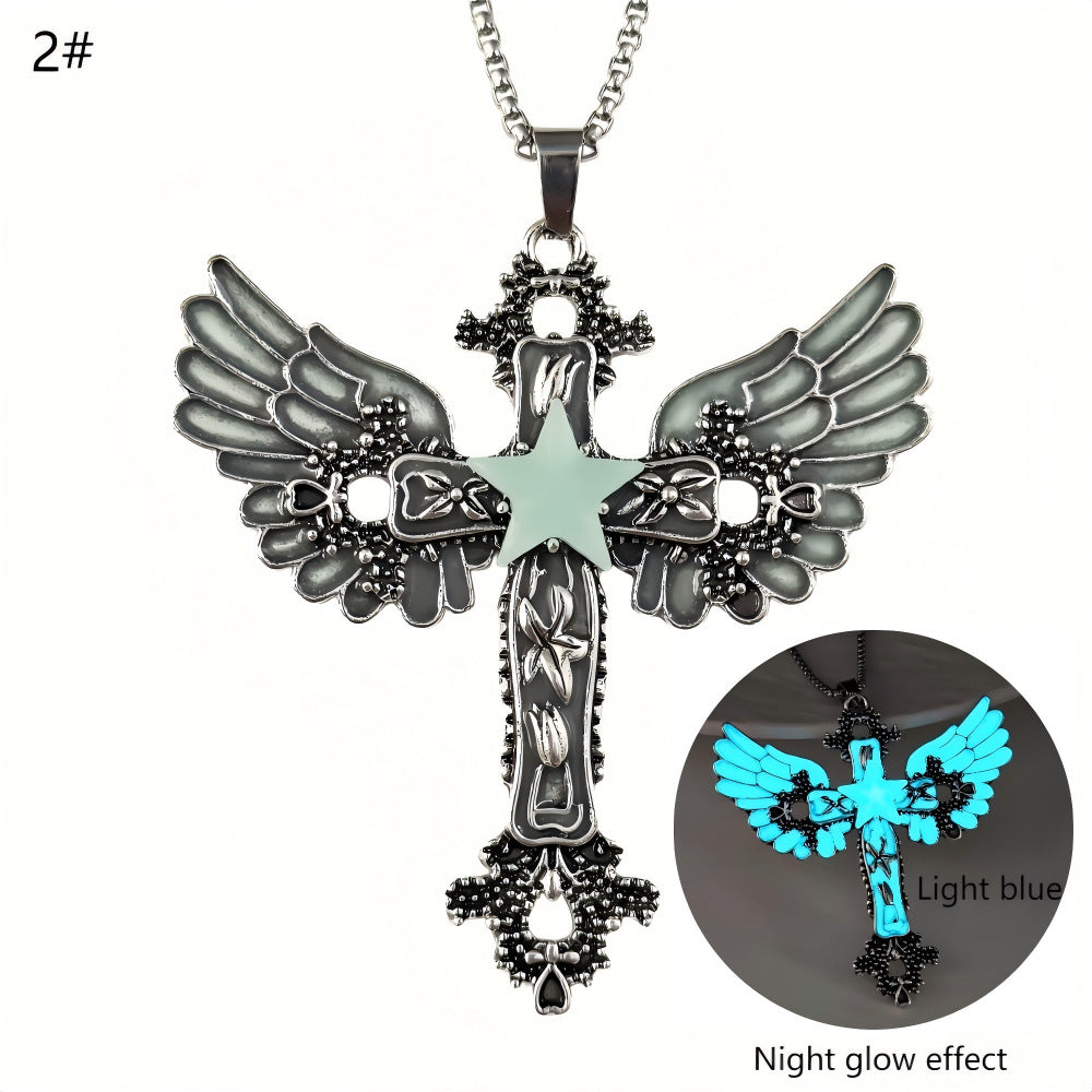 Wholesale Luminous pentagram cross wing necklace