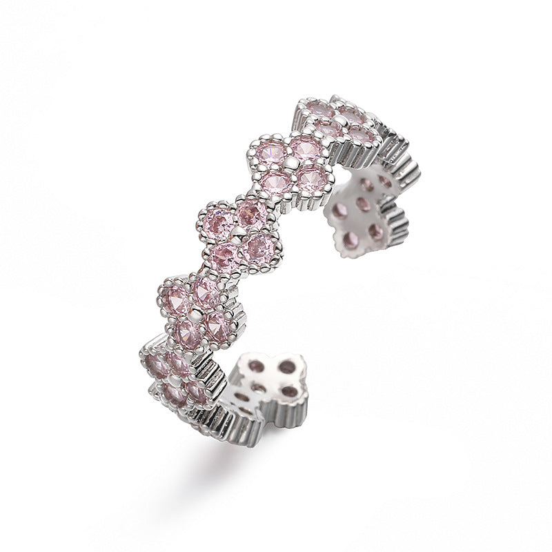 Wholesale Copper Inlaid with Colored Diamonds Four-Leaf Clover Ring