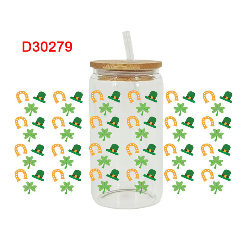 Wholesale Green Cartoon Four-Leaf Clover 16oz Cup UV DTF Wraps