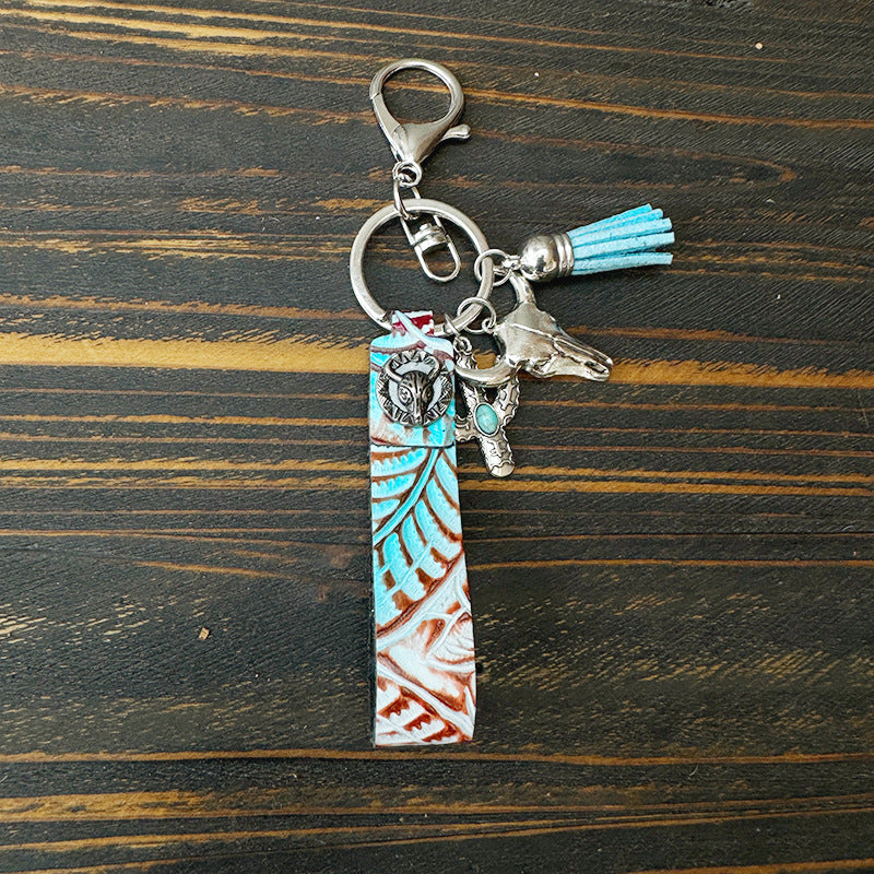 Wholesale Western Cowboy Vintage Genuine Leather Turquoise Cowhide Keychain