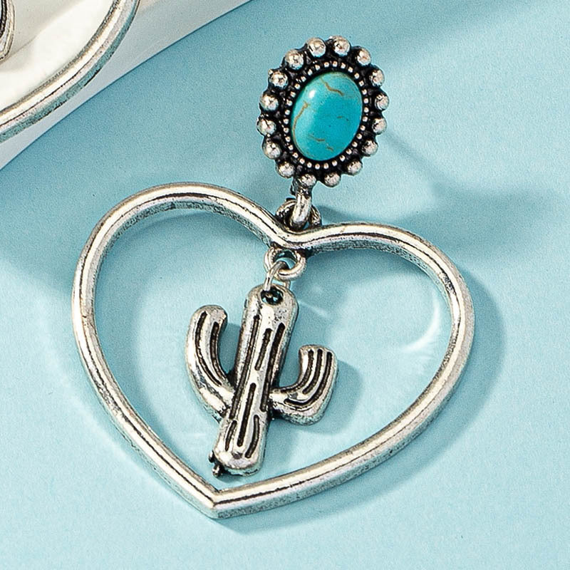 Wholesale Western Cowboy Turquoise Cactus Heart Alloy Earrings