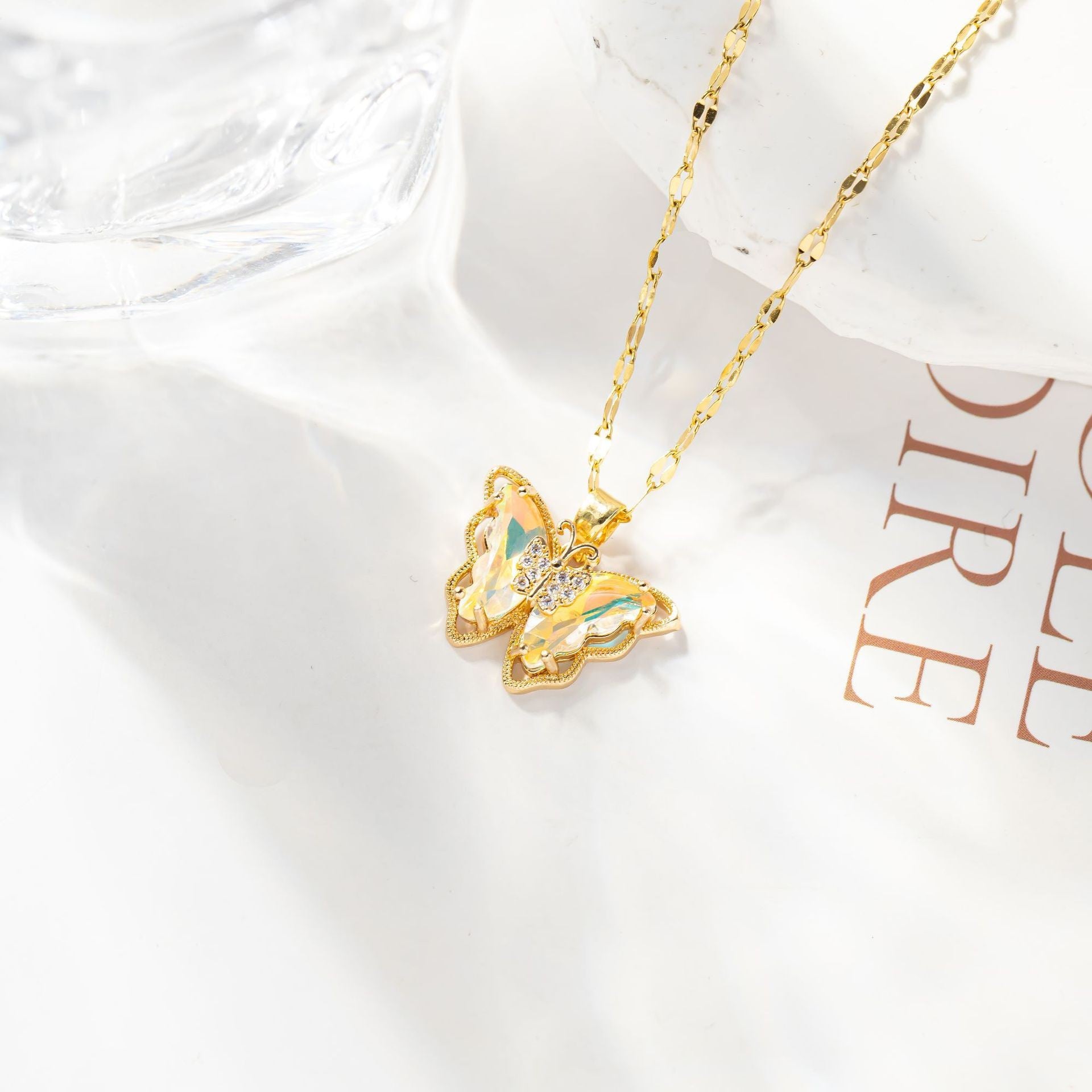 Wholesale Copper Gold Plated Micropaved Color Crystal Butterfly Titanium Steel Necklace