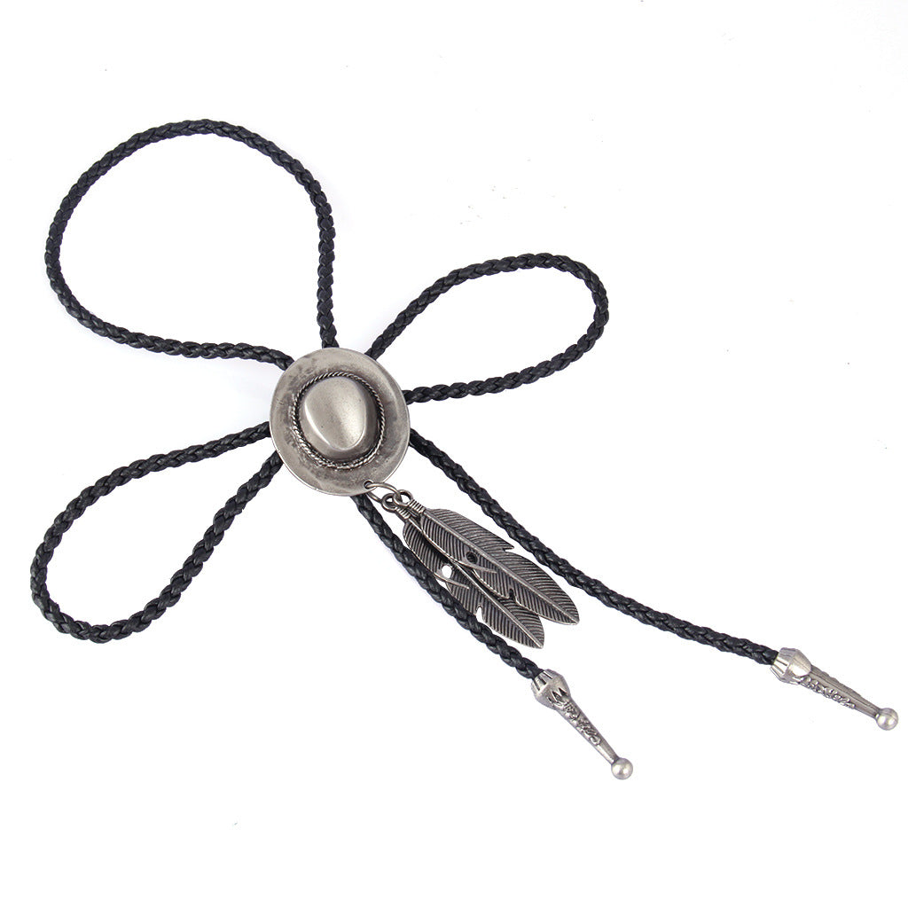 Wholesale Western style feather bolo braided leather alloy pendant necklace