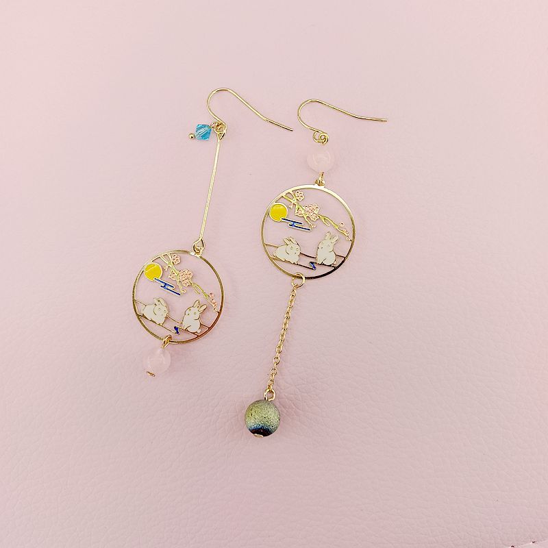 Wholesale Moonlit Cute Rabbit Asymmetric Long Earrings