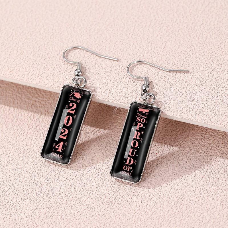 Wholesale graduation season letters school Carnival rectangular pendant glass earrings