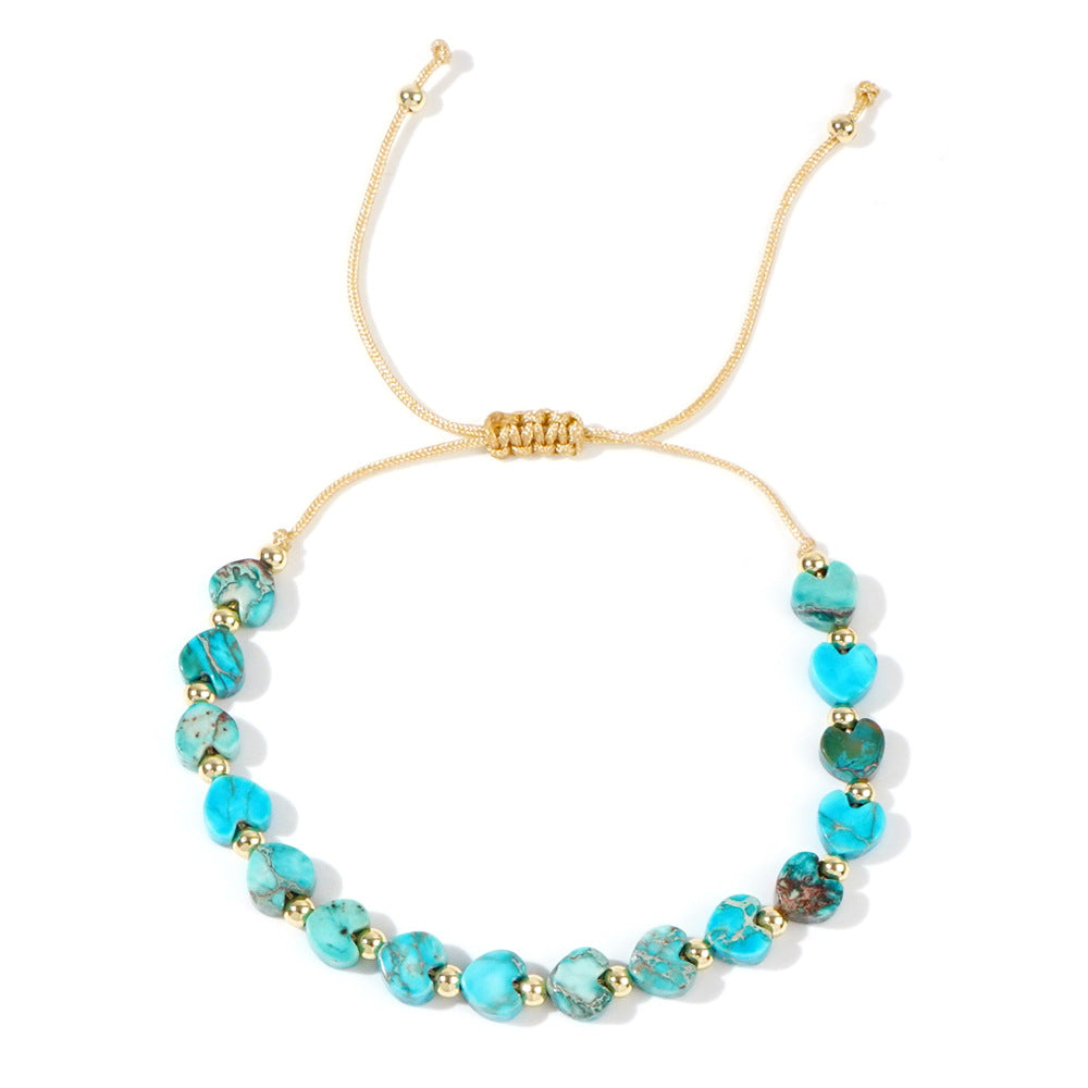 Wholesale Bohemian imitation pearl peach heart bracelet semi-precious stone emperor stone love valentine's day jewelry 3mm copper bead hand rope