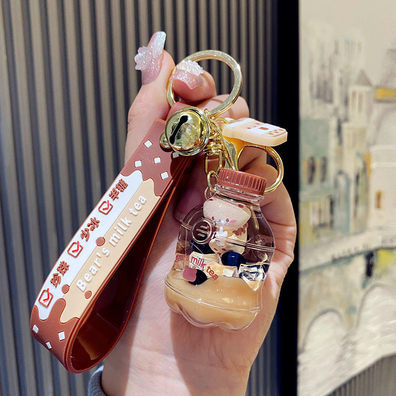 Wholesale bubble tea keychain floating small bear liquid quicksand pendant