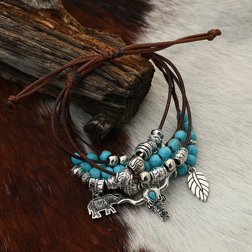 Wholesale Ethnic Bohemian Turquoise Bull Head Elephant Leaf Handmade Multi-layer Bracelet