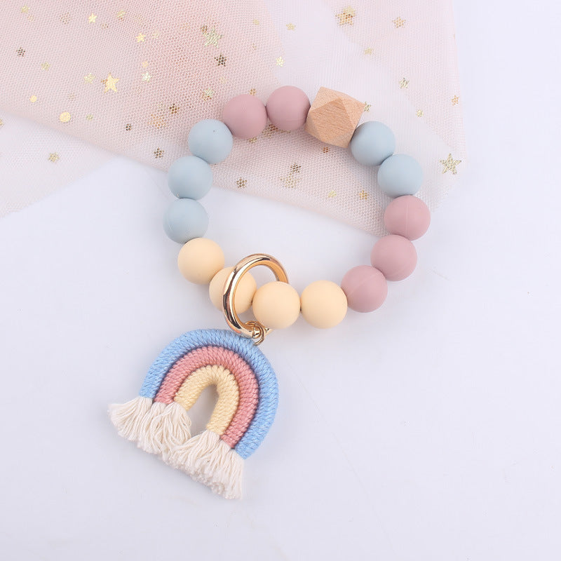 Wholesale Cartoon Colorful Rainbow Tassel Silicone Bead Wrist Keychain