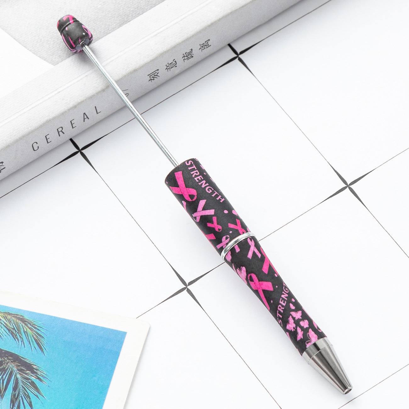 Wholesale Beadable Pens Pink Ribbons Print Plastic Pen DIY for Beaded