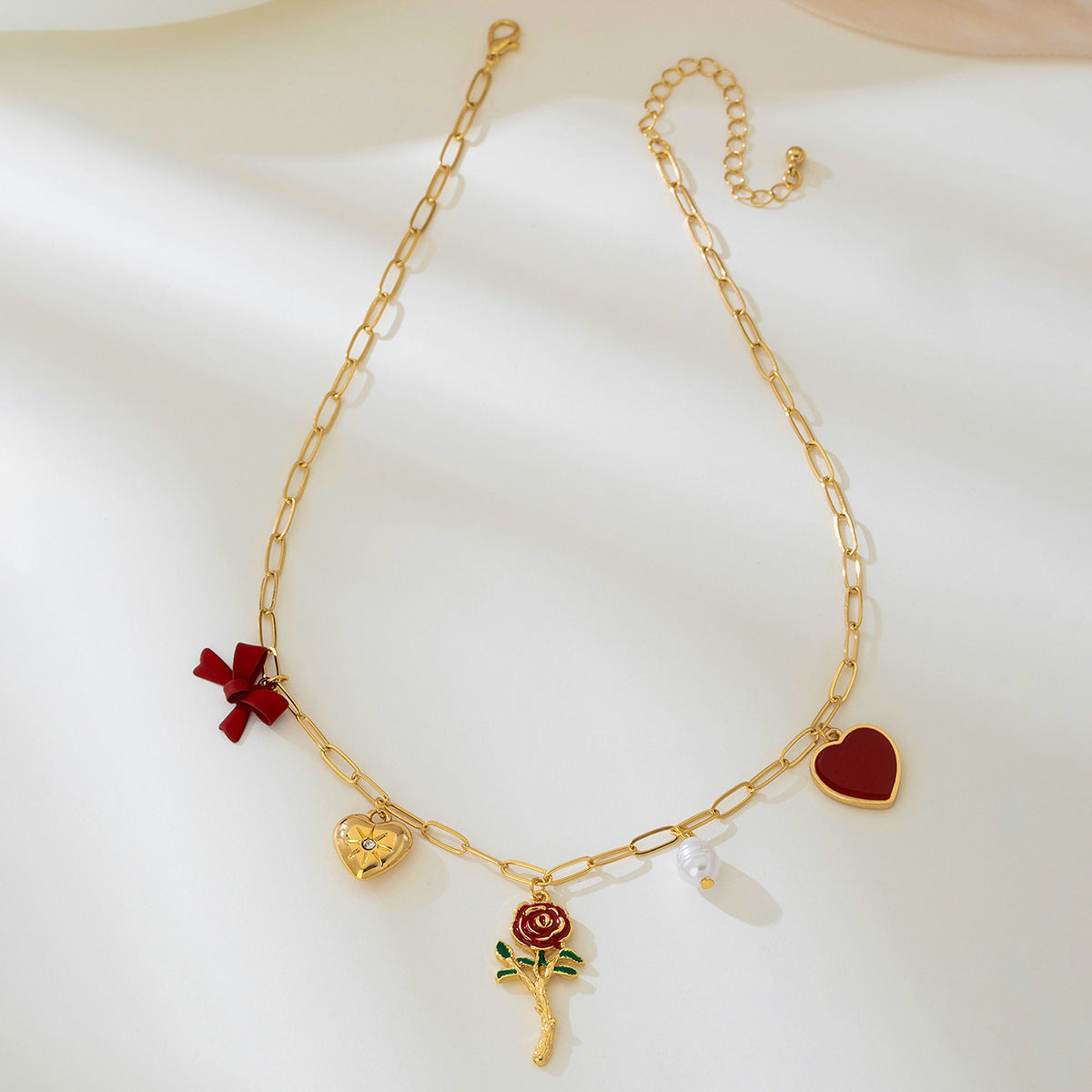 Wholesale metal red love artificial pearl bow necklace