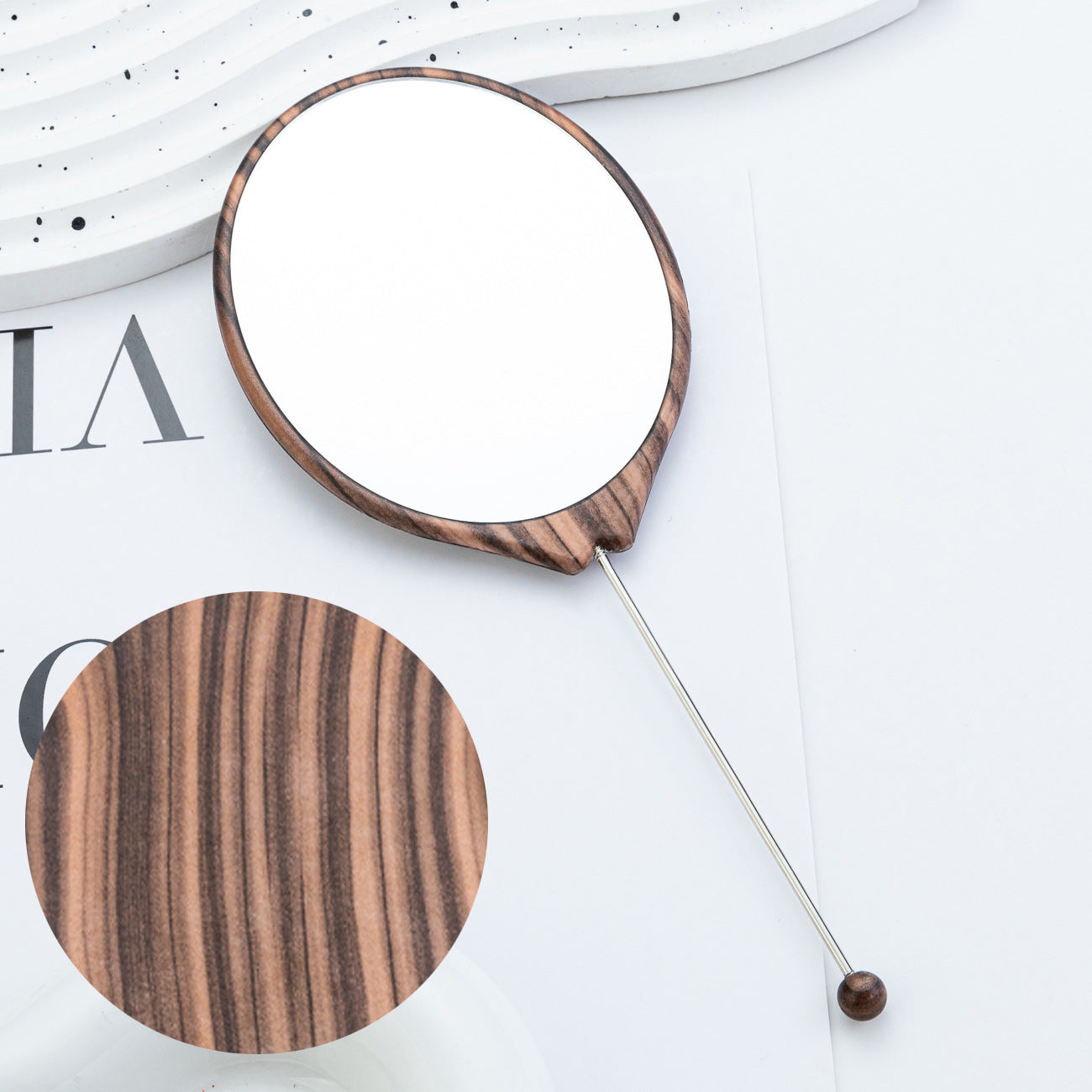 Wholesale New DIY beaded oval wood grain mirror handheld makeup mirror