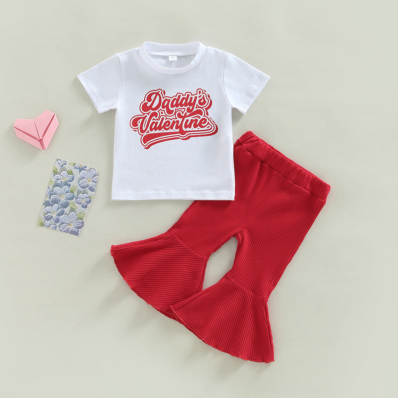 Wholesale Cotton Short-sleeved Letter Tops and Flared Pants Two-piece Set
