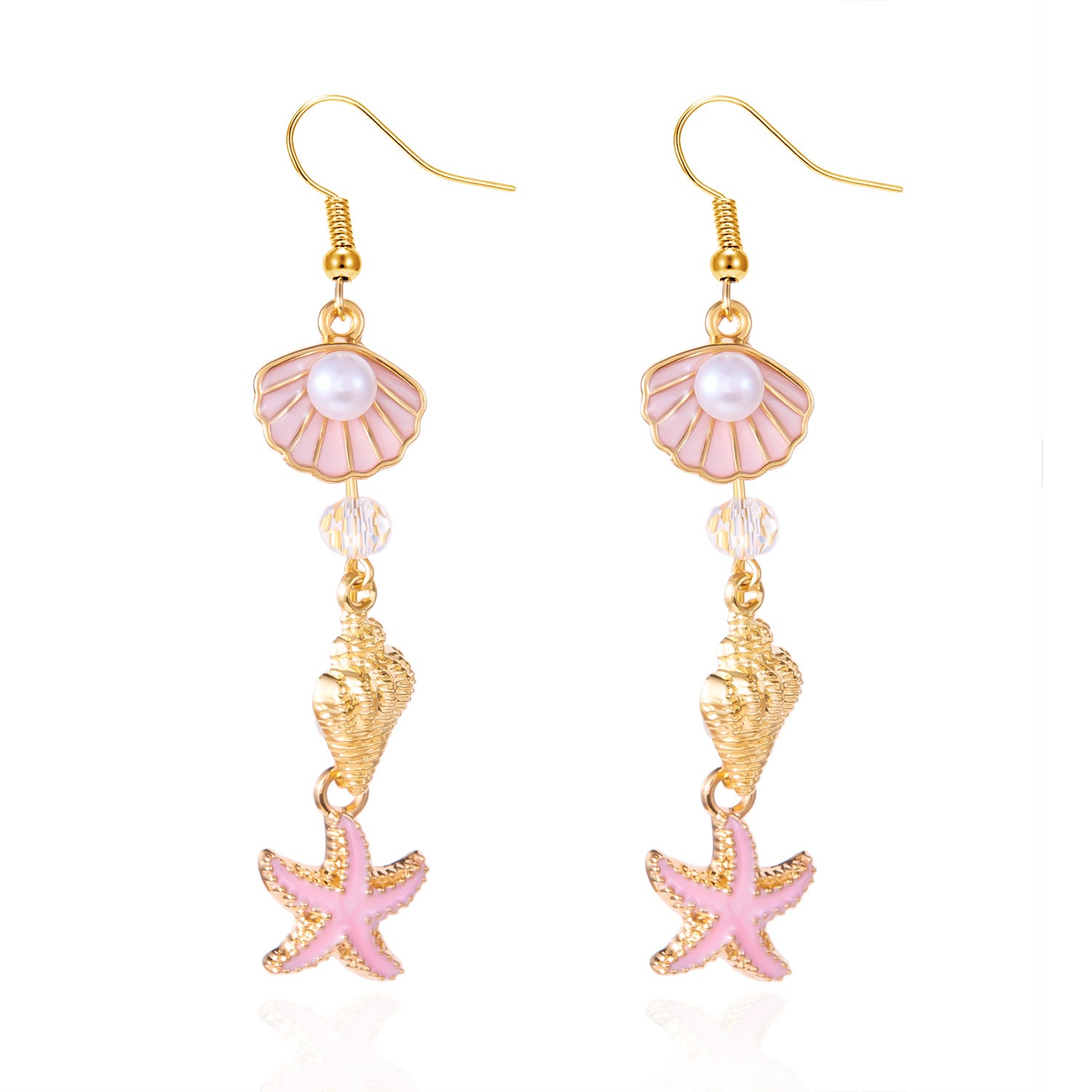 Wholesale Summer Fresh Conch Shell Starfish Long Pearl Tassel Earrings