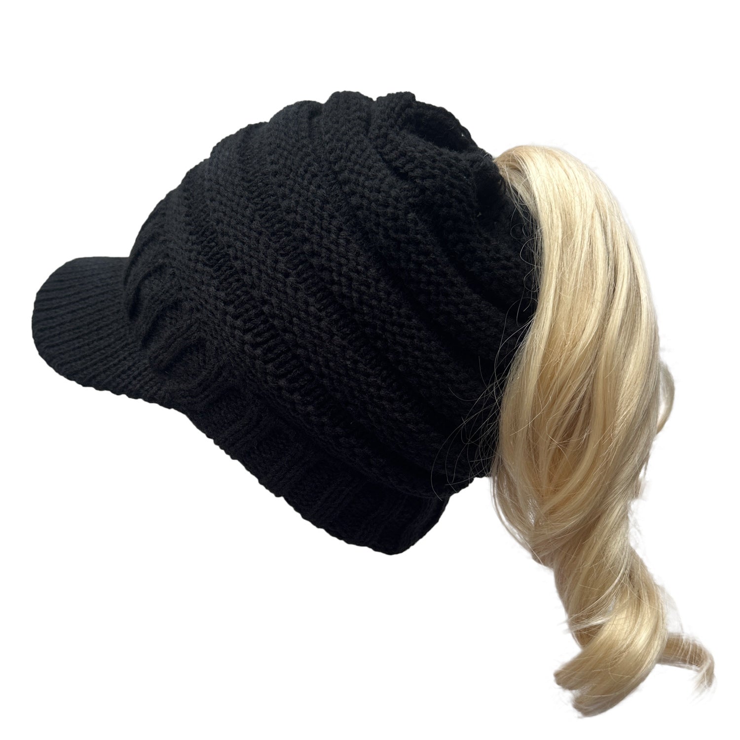 Wholesale Curled Stripe Ponytail Knitted Duck Tongue Wool Hat