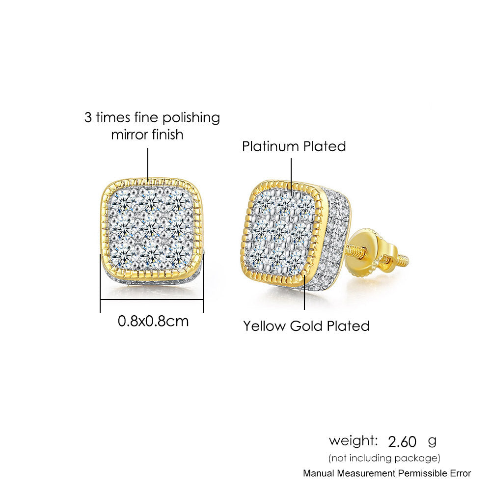 Wholesale Square Hip Hop Full Diamond Zircon Thread Earrings Stud Earrings