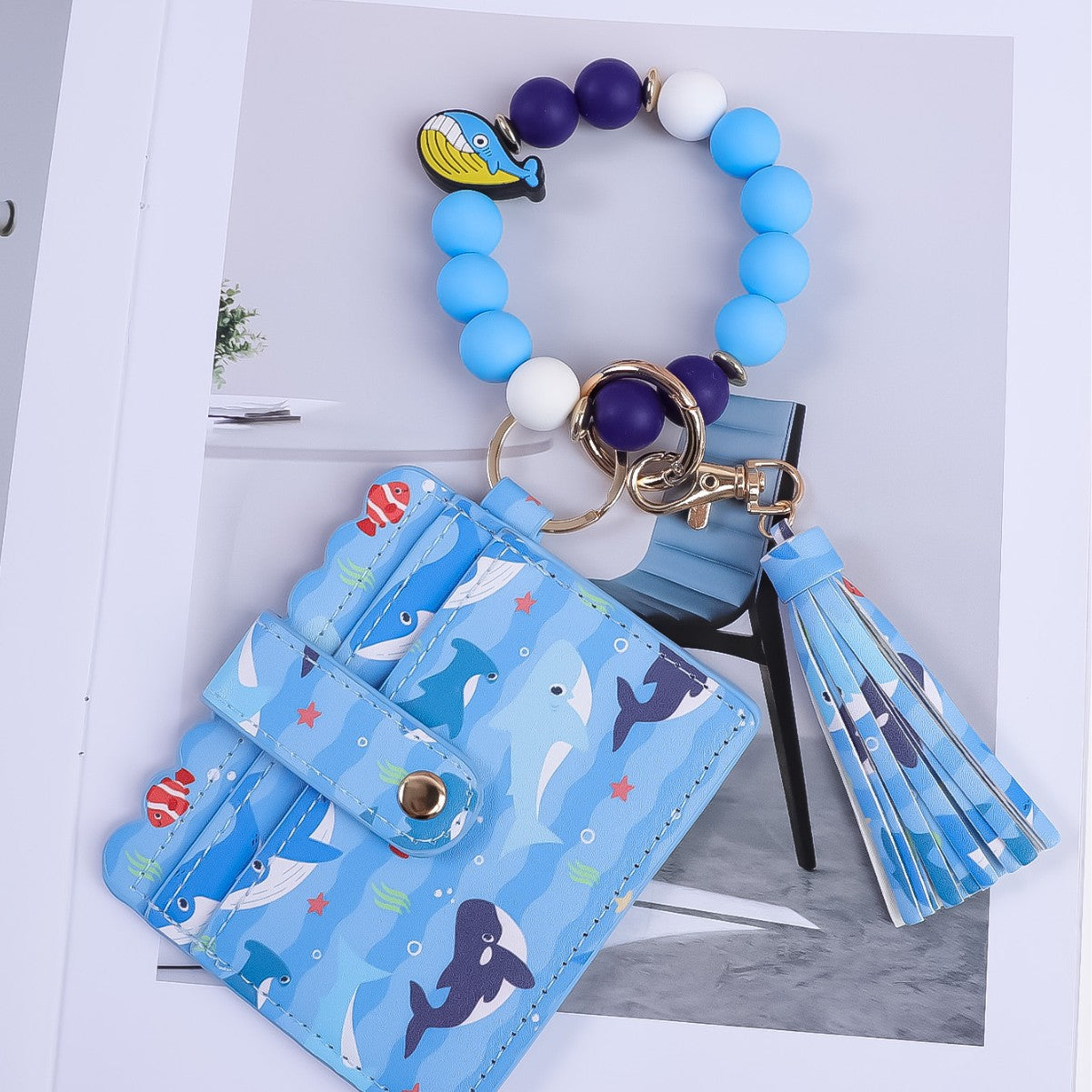 Wholesale Silicone Bead Bracelet Card Holder Keychain PU Tassel Beaded Animal Print