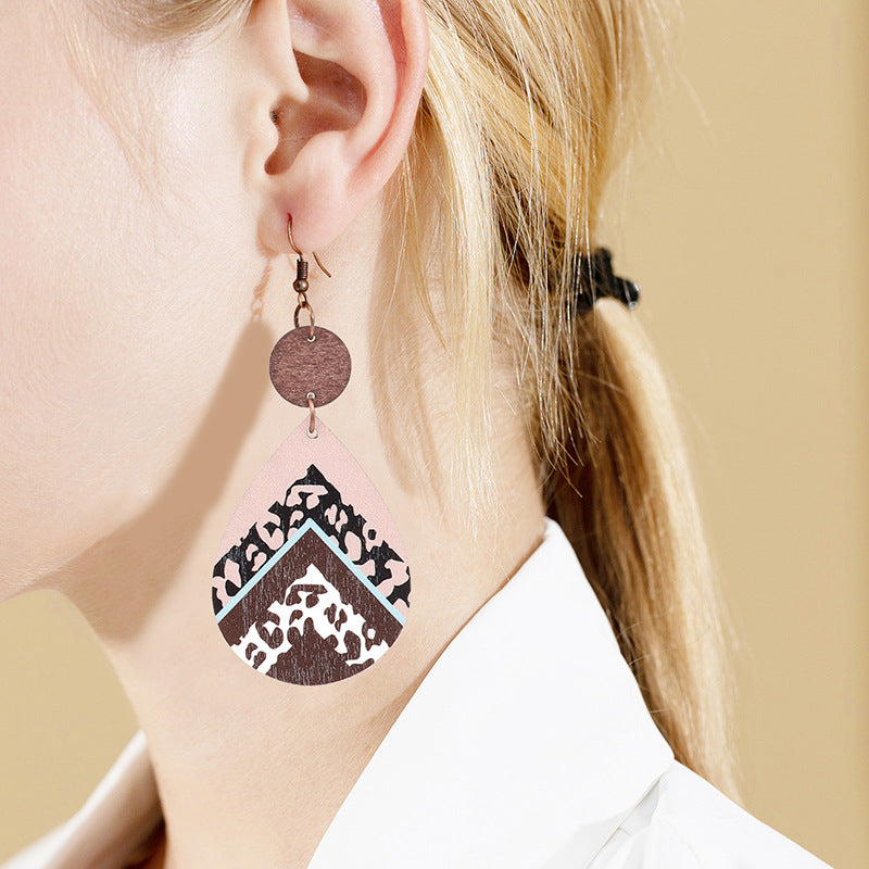 Wholesale Vintage Leopard Print Leather Wood Chip Teardrop Earrings
