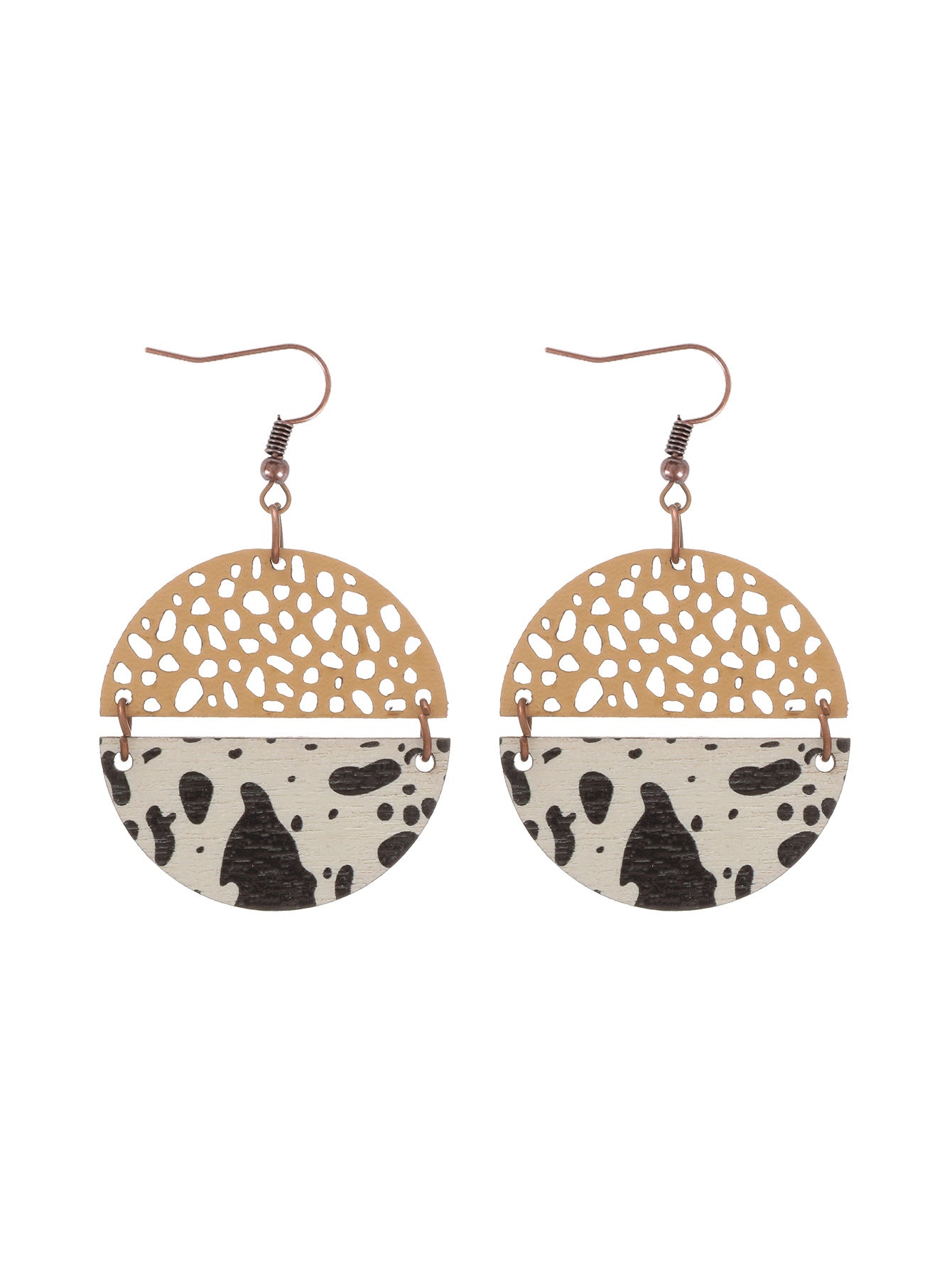 Wholesale Western Style Cow Print Leopard Print Wood Chip Leather Combination Round Earrings
