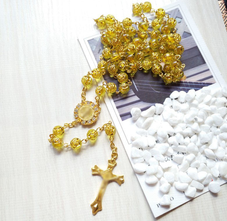 Wholesale Hand-strung Long Sweater Chain with Blue Gilt Rose Beads