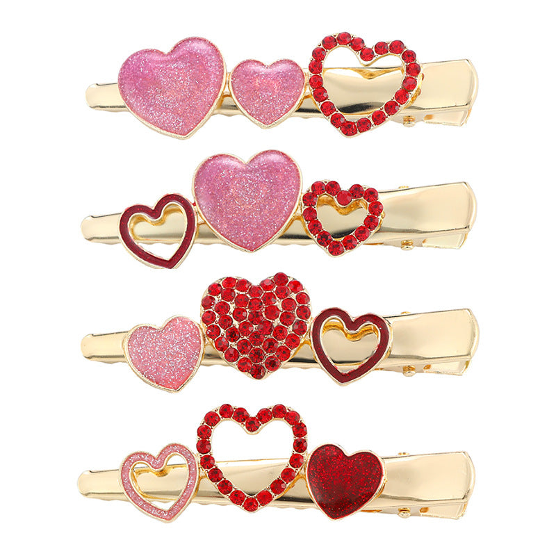 Wholesale Valentine's Day Red love hair clip shiny crystal sweet heart duckbill clip