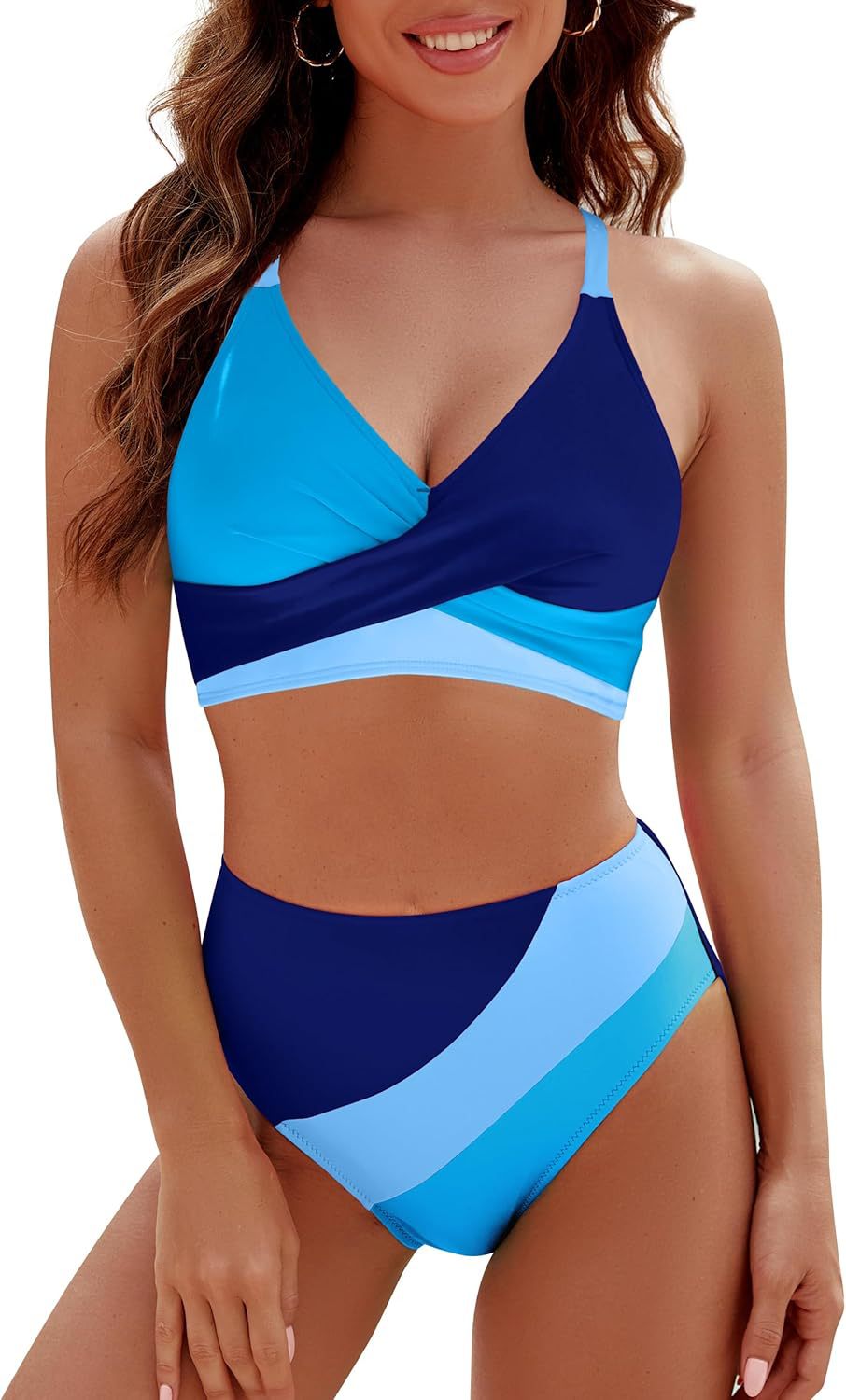 Wholesale Contrast Color 2-Piece Strappy Cross Bra Swimsuit