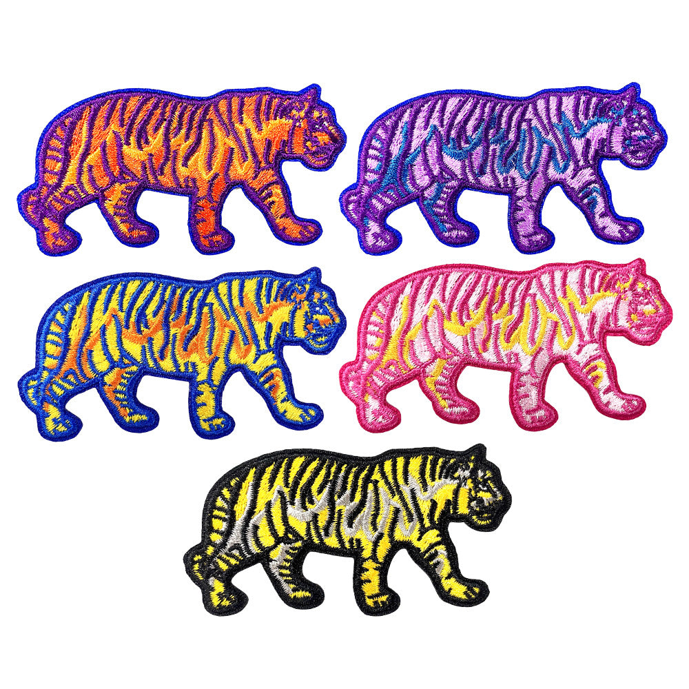 Wholesale Colorful Neon Tiger Embroidery Patch Five Tone Design Hot Melt Adhesive Backing Coat Decoration Chic Gift