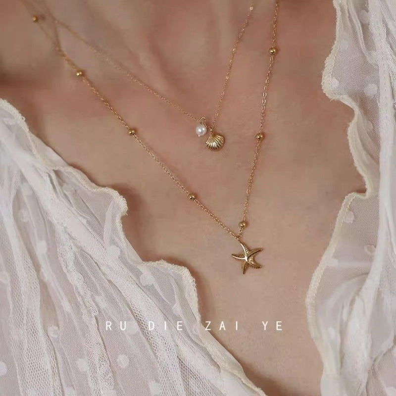 Wholesale Trendy Multi Layer Shell Starfish Necklace Beach Collarbone Chain Boutique Resale Jewelry Accessory