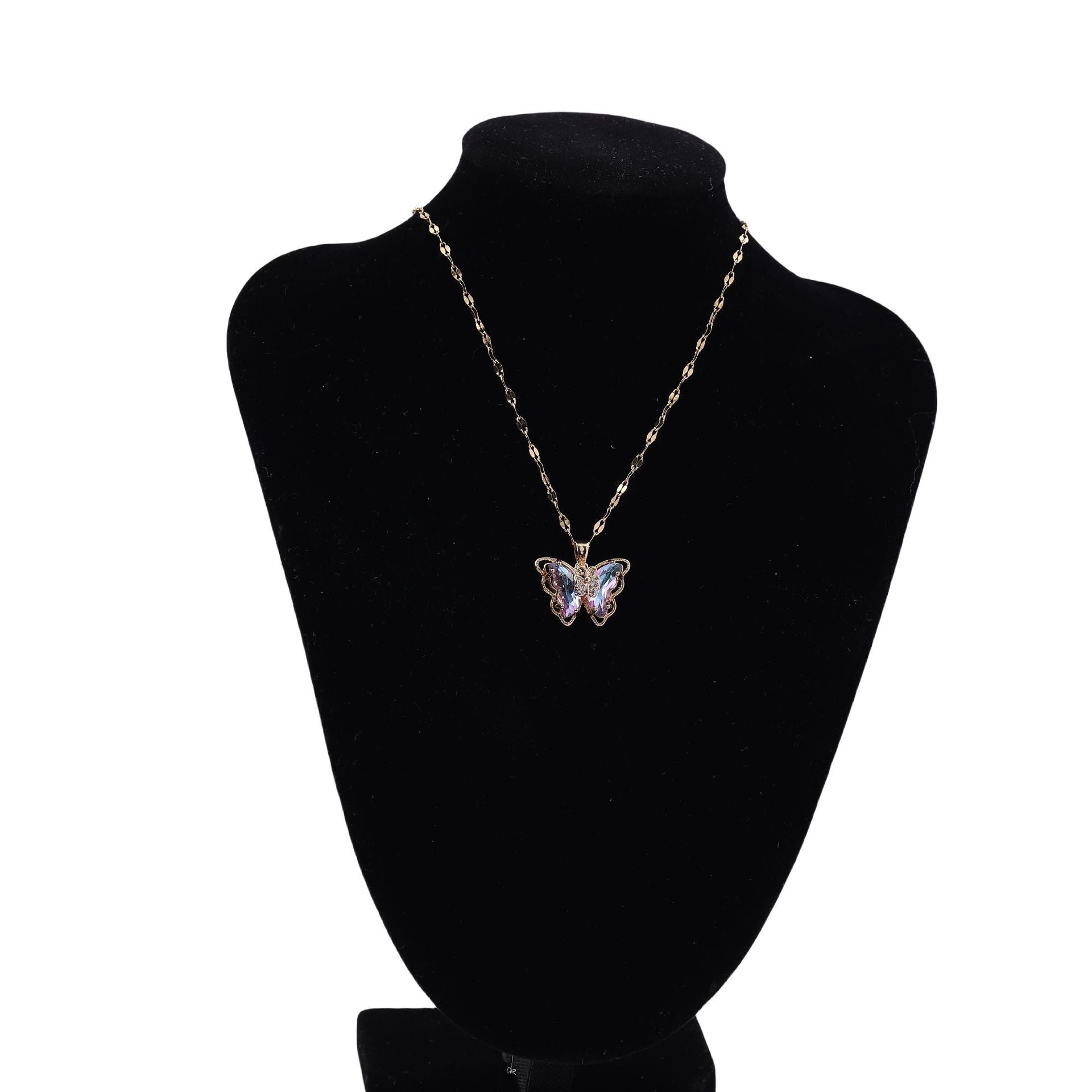 Wholesale Copper Gold Plated Micropaved Color Crystal Butterfly Titanium Steel Necklace