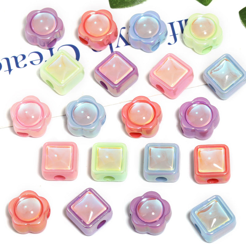 Wholesale 100pcs UV Plated Aurora Appliqué Diamond Flower Acrylic Square Loose Beads